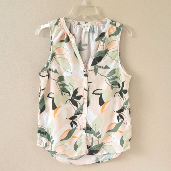 Nicole Miller Tropical Print Linen Blend Split Neck Sleeveless Blouse - Size M - Picture 1 of 7